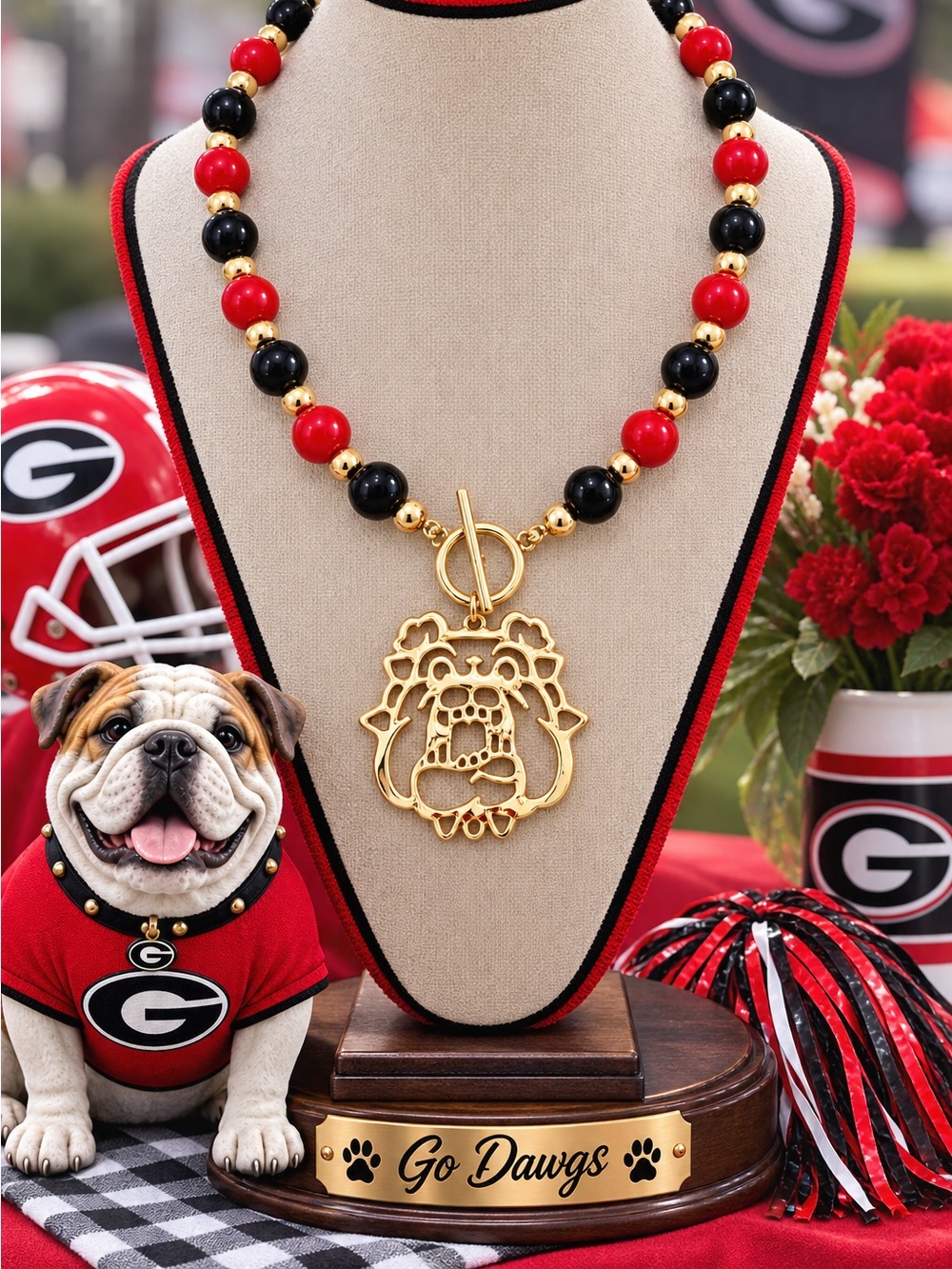 Georgia Bulldogs Beaded Toggle Necklace, UGA Bulldog Statement Necklace, Red Bla